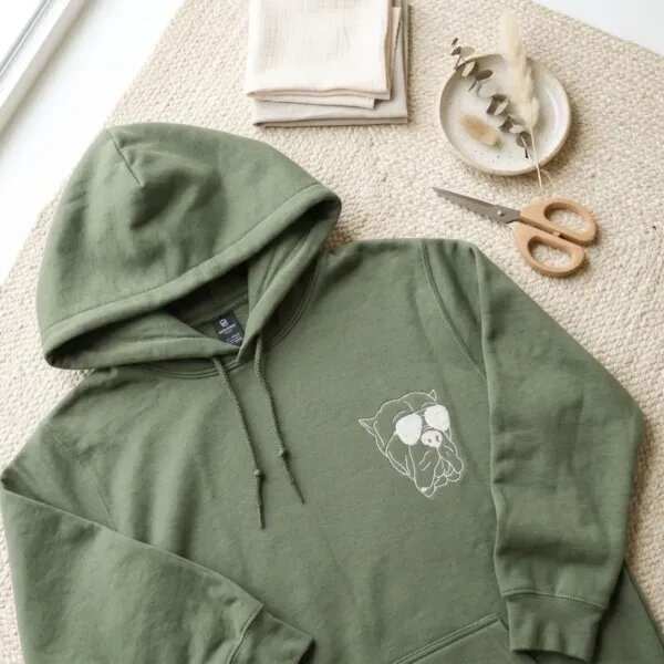 Military green fleece hoodie flatlay on jute rug featuring custom white embroidered French bulldog face wearing sunglasses on left chest