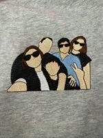 Sport grey crewneck sweatshirt featuring a detailed colorful embroidery of five friends wearing sunglasses posing together