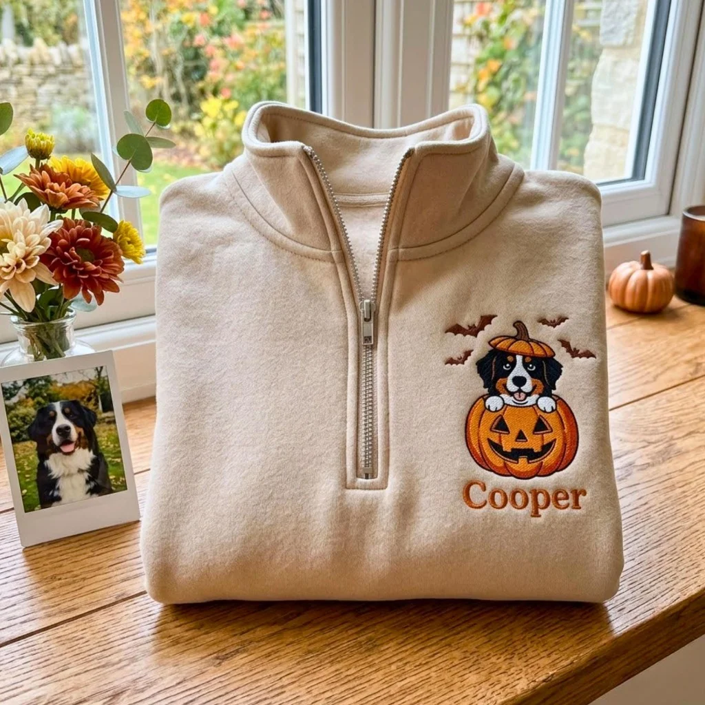 ⭐︎犬服⭐︎handmade Custom Embroidered Halloween Pet Portrait Quarter Zip – Spooky