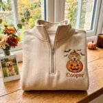 Sand fleece quarter zip pullover featuring embroidered golden retriever in a Halloween pumpkin with bats and Cooper name next to golden retriever polaroid photo