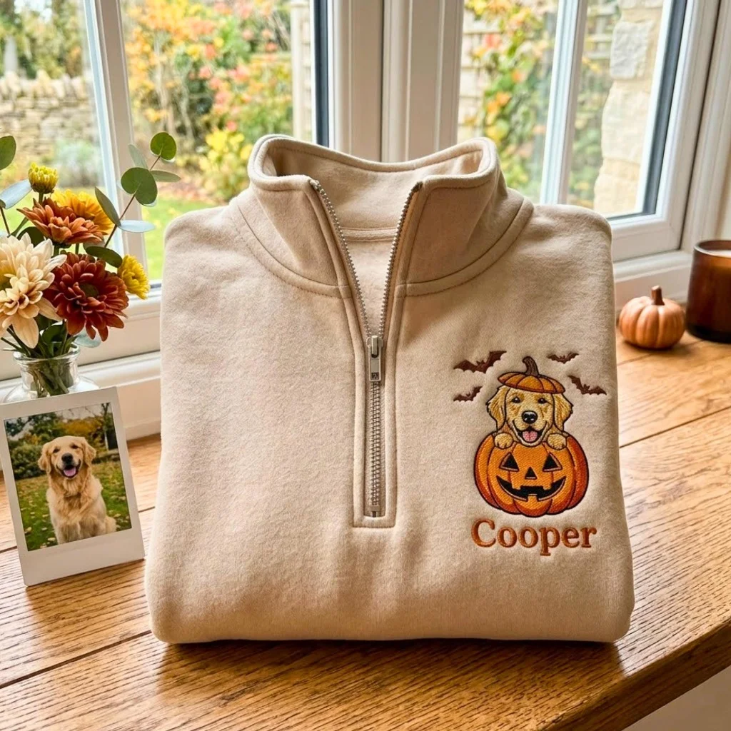 Custom Embroidered Halloween Pet Portrait Quarter Zip – Spooky