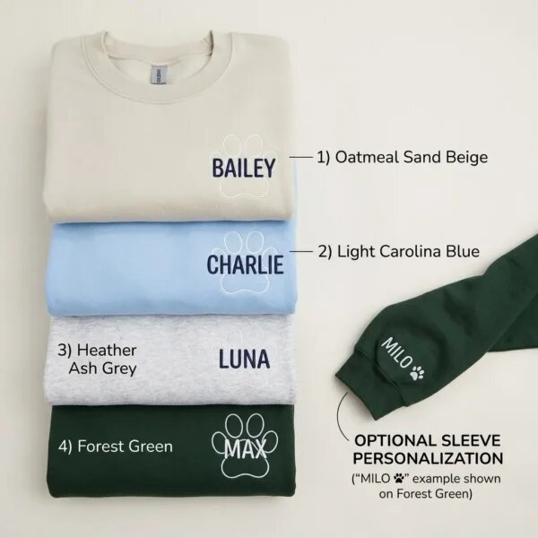 Color chart showing Oatmeal Sand Beige, Light Carolina Blue, Heather Ash Grey, and Forest Green sweatshirts with custom pet names and optional sleeve embroidery