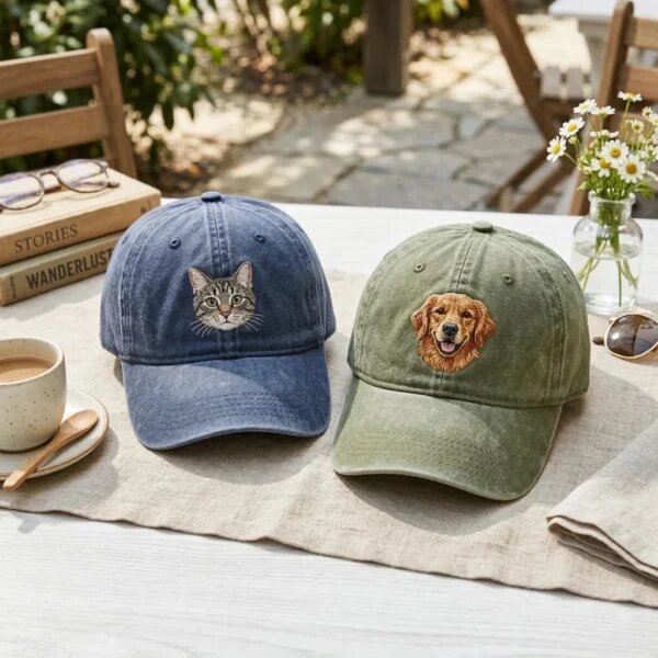 Two custom embroidered washed baseball caps in denim blue with cat portrait and olive green with golden retriever dog portrait on an outdoor cafe table with coffee and books