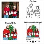 Visual guide showcasing three embroidery styles for custom photo shirts: line art outline, full color photo embroidery, and photo with music player interface