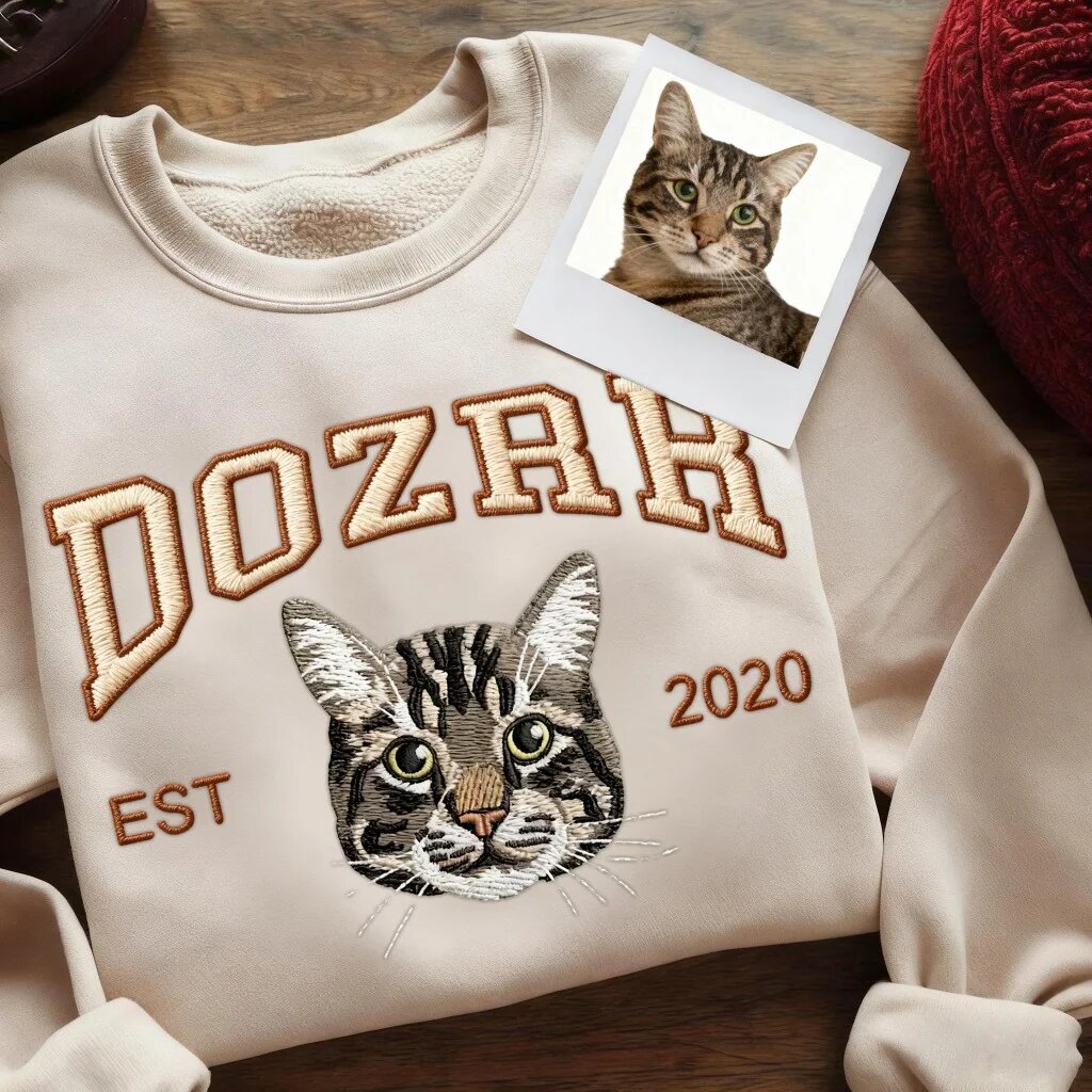 Custom Pet Embroidered Sweatshirt – Sand Flat Lay with Tabby Cat Portrait & Polaroid Sand beige embroidered crewneck sweatshirt flat lay on dark rustic wood with custom tabby cat embroidery and polaroid comparison photo