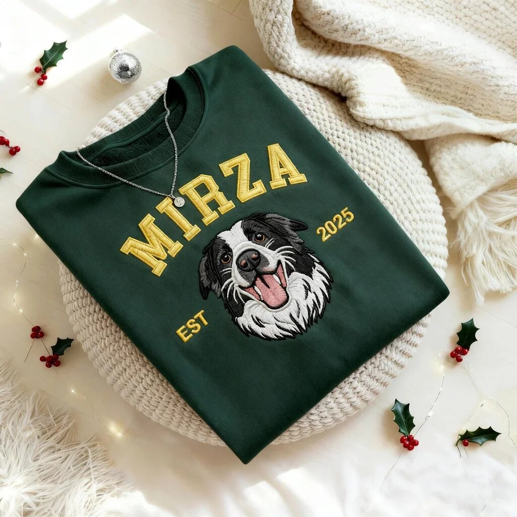 Custom Pet Embroidered Sweatshirt – Forest Green Flat Lay with Festive Decor Overhead flat lay of a forest green custom embroidered pet portrait sweatshirt on a round woven knit pouf with holiday berries and silver pendant necklace