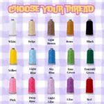 Embroidery thread color chart showing 15 vibrant spool colors including white, beige, light brown, brass, black, yellow, blue, green, pink, and lilac