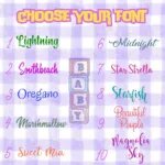 Embroidery font selection guide showing ten custom cursive and print lettering styles for pet names and sleeve embroidery