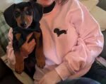 Happy pet parent wearing light pink crewneck sweatshirt with matching black and tan dachshund embroidery while cradling a real dachshund puppy