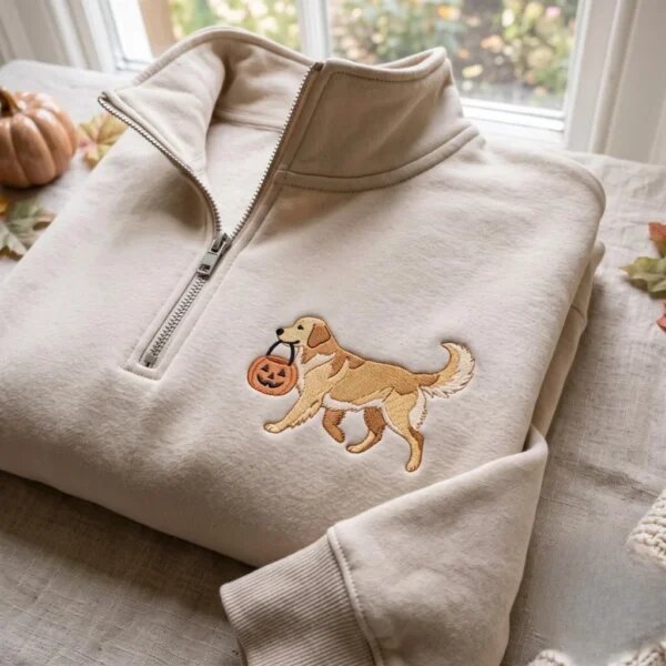Folded sand fleece quarter zip pullover featuring embroidered Golden Retriever walking with a jack-o-lantern pumpkin candy bucket in mouth surrounded by mini pumpkin and fall leaves