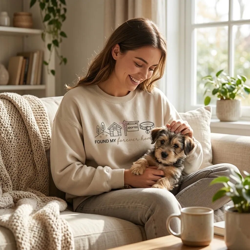 Found My Forever Home Embroidered Sweatshirt – Dog Mom Puppy Lifestyle On Sofa Smiling young woman wearing sand beige Found My Forever Home embroidered sweatshirt sitting on cozy living room couch while cuddling her adopted puppy
