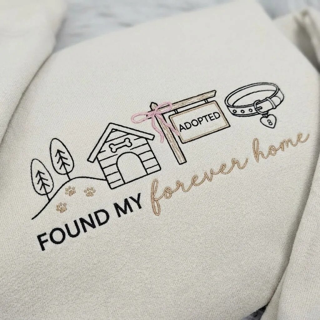 Found My Forever Home Embroidered Sweatshirt – Macro Line Art Embroidery Detail Macro close-up view of textured thread embroidery showing dog house, pink ribbon bow on adopted sign, collar, and cursive forever home lettering on sand fleece