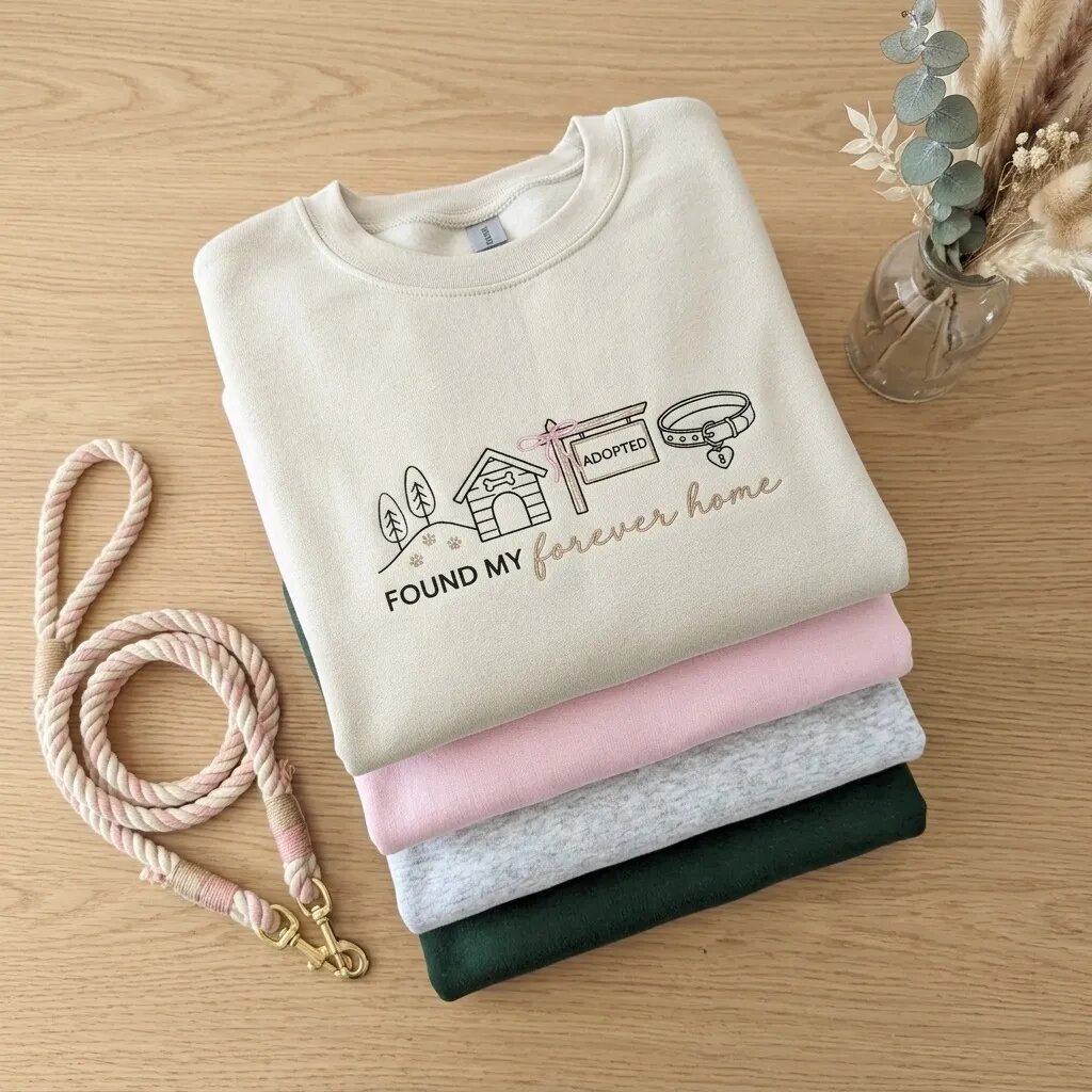 Found My Forever Home Embroidered Sweatshirt – Sand Beige Boutique Stack Display Folded sand beige embroidered sweatshirt with Found My Forever Home dog adoption design on top of pastel pink, heather grey, and forest green sweaters with braided dog leash