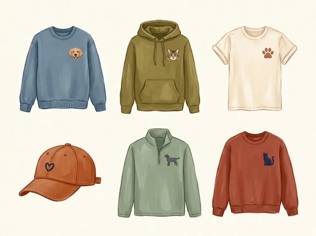 Illustration of six garments, a sweatshirt, hoodie, T-shirt, cap, quarter-zip and crewneck, each with a small embroidered pet motif