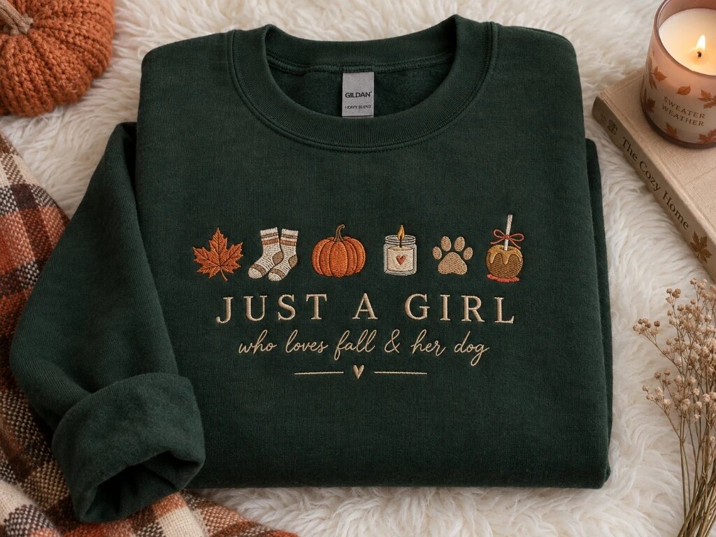Just A Girl Who Loves Fall And Her Dog Embroidered Sweatshirt – Cozy Autumn Sherpa Flatlay Cozy flat lay display of forest green embroidered fall sweatshirt resting on white sherpa fleece with plaid blanket, scented candle, and pumpkin decor
