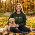 Happy young woman wearing forest green embroidered autumn sweatshirt sitting outdoors in a golden fall park with her cute golden retriever puppy