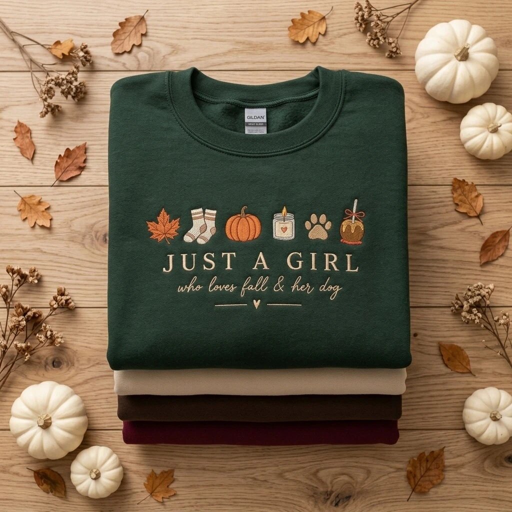 Just A Girl Who Loves Fall And Her Dog Embroidered Sweatshirt – Forest Green Flatlay Display Folded forest green fleece sweatshirt embroidered with Just a Girl Who Loves Fall and Her Dog and autumn icons on stack of seasonal sweaters with white pumpkins on wood