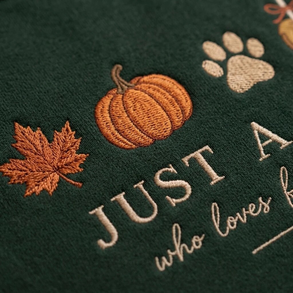 Just A Girl Who Loves Fall And Her Dog Embroidered Sweatshirt – Macro Embroidery Detail Extreme close-up macro view of dense thread embroidery detailing autumn maple leaf, pumpkin, and dog paw print on dark green fleece fabric