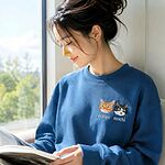 Young woman relaxing by a sunlit window reading a book while wearing a blue crewneck sweatshirt with embroidered cat portraits of Pongo and Mochi