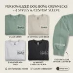 Boutique colorways chart showing Oatmeal Sand Beige, Light Carolina Blue, Heather Ash Grey, and Forest Green sweatshirts with custom pet names and optional sleeve embroidery
