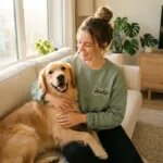 Smiling dog mom wearing personalized embroidered dog bone sweatshirt sitting with her dog at an outdoor cafe with customized sleeve name