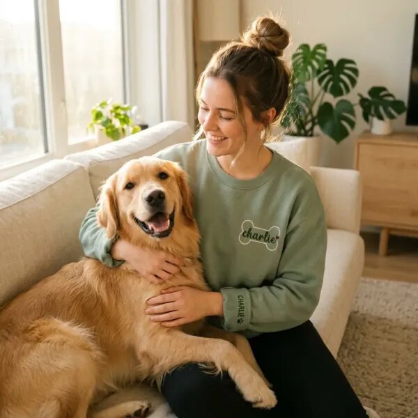 Smiling dog mom wearing personalized embroidered dog bone sweatshirt sitting with her dog at an outdoor cafe with customized sleeve name