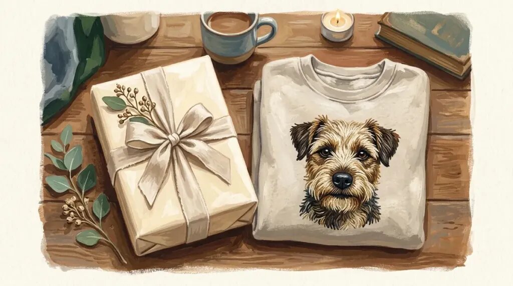 Illustration of a wrapped gift box beside a folded sweatshirt with an embroidered-style dog portrait