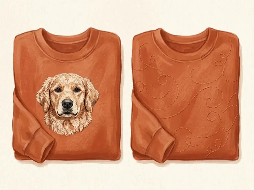 Illustration of two matching sweatshirts, one with an embroidered dog portrait and one with a decorative stitched design