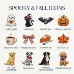 Chart of 12 embroidered icons: Cute Ghost, Witch Cat, Spooky Bat, Jack-o'-Lantern, Steaming Mug, Coquette Bow, Pumpkin Pie, Maple Leaf, Yellow Labrador, Dalmatian, Bernese Mountain Dog, Goldendoodle