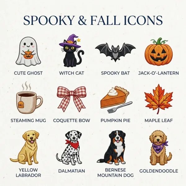 Chart of 12 embroidered icons: Cute Ghost, Witch Cat, Spooky Bat, Jack-o'-Lantern, Steaming Mug, Coquette Bow, Pumpkin Pie, Maple Leaf, Yellow Labrador, Dalmatian, Bernese Mountain Dog, Goldendoodle