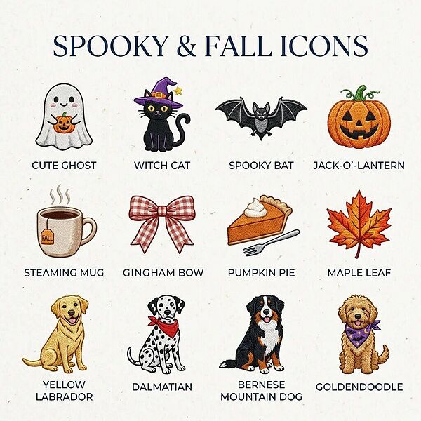 Chart of 12 embroidered icons: Cute Ghost, Witch Cat, Spooky Bat, Jack-o'-Lantern, Steaming Mug, Gingham Bow, Pumpkin Pie, Maple Leaf, Yellow Labrador, Dalmatian, Bernese Mountain Dog, Goldendoodle