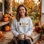 Woman wearing the embroidered spooky season sweatshirt on a porch decorated with pumpkins