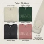 Color chart showing Sand with Ivory, Forest with Moss, Washed Black, and Dusty Rose sweatshirts with optional sleeve cuff name embroidery example