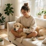 Smiling young woman wearing sand tone-on-tone DOG MOM embroidered crewneck sweatshirt sitting on sofa cuddling her golden retriever dog