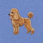 Close-up of the embroidered apricot poodle in a show clip with a pom-pom tail and fluffy ears
