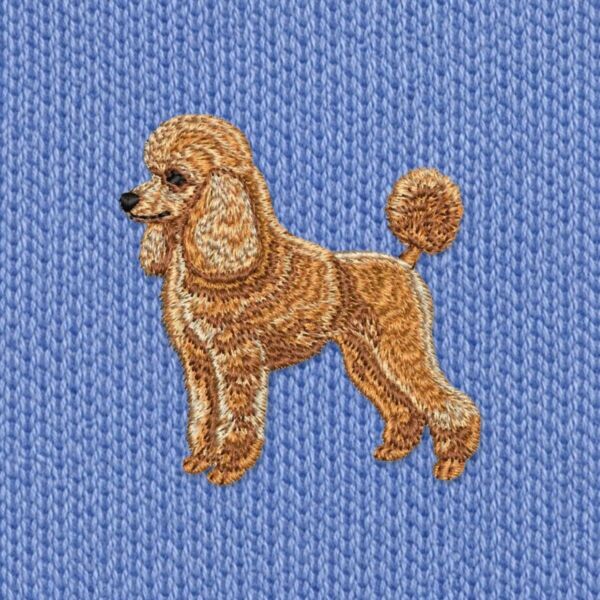 Close-up of the embroidered apricot poodle in a show clip with a pom-pom tail and fluffy ears