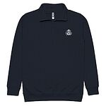 Navy quarter zip pullover on a white background, embroidered with a blue merle aussiedoodle face with a white blaze and blue eyes on the left chest