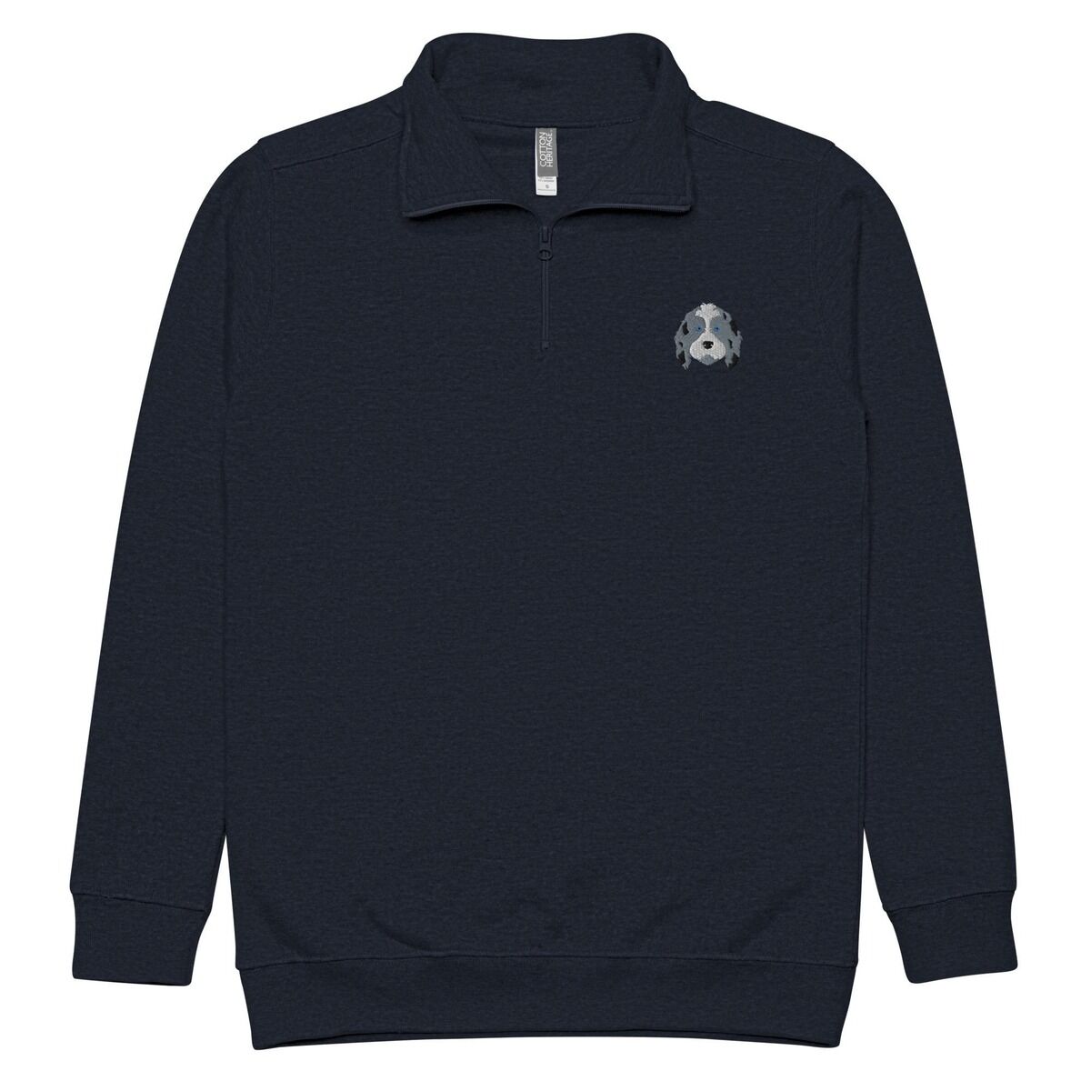 Aussiedoodle Quarter Zip – Navy Navy quarter zip pullover on a white background, embroidered with a blue merle aussiedoodle face with a white blaze and blue eyes on the left chest