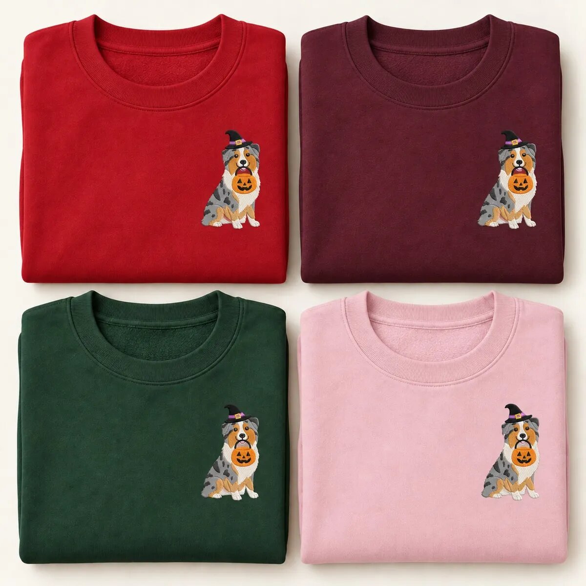 Australian Shepherd Halloween Sweatshirt Colors Australian Shepherd Halloween sweatshirt in Red, Maroon, Forest Green and Light Pink