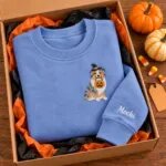Australian Shepherd Halloween sweatshirt folded in a gift box with mini pumpkins