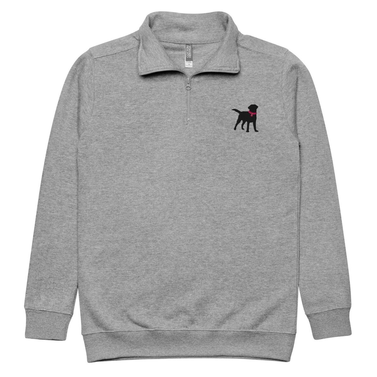 Black Lab Quarter Zip Pullover Sport Grey quarter zip pullover laid flat, with a small black lab silhouette and pink collar embroidered on the left chest