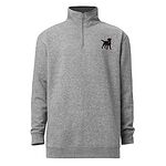 Front of a Sport Grey quarter zip pullover with the collar zipped up and a black lab with a pink collar embroidered on the left chest