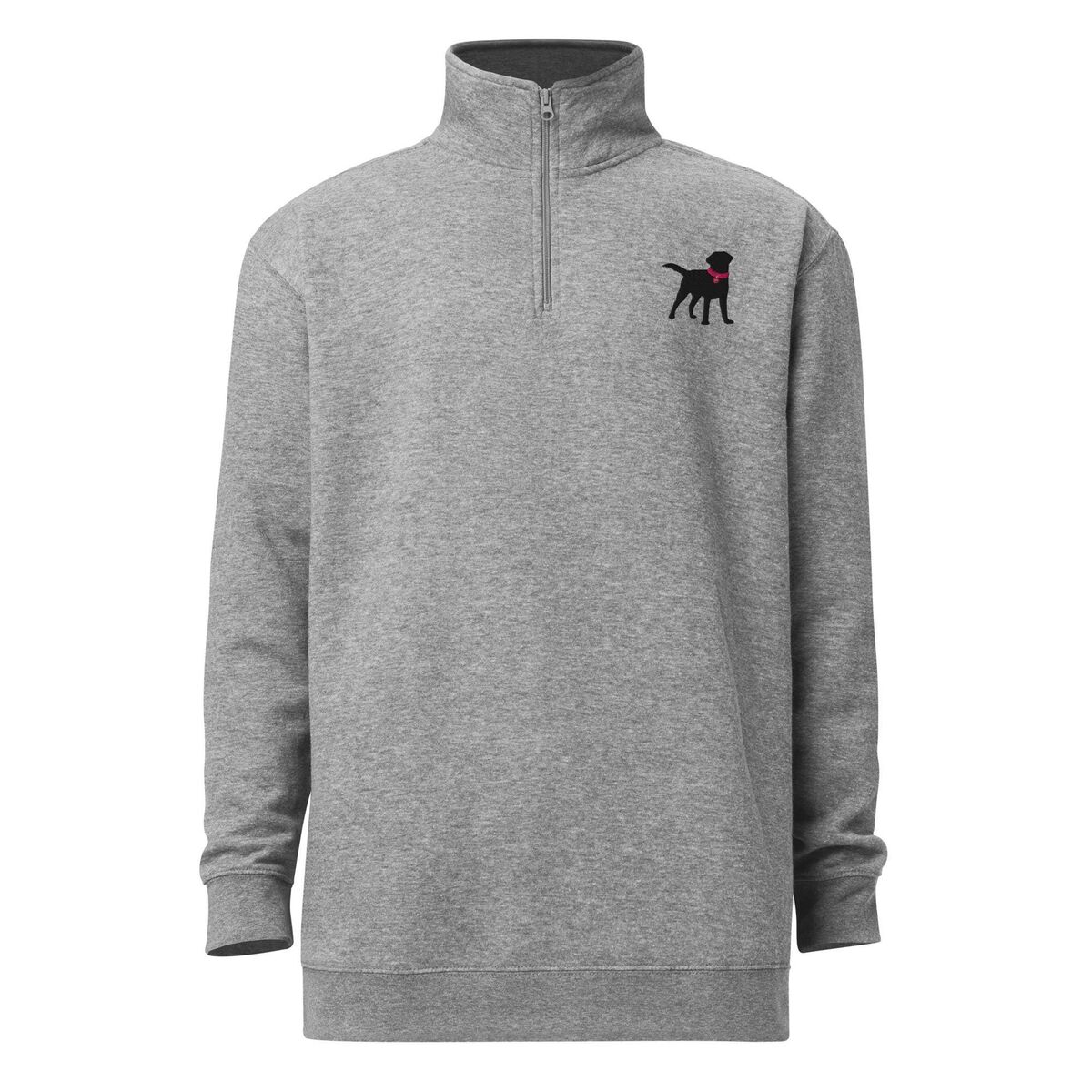Labrador Quarter Zip Front Front of a Sport Grey quarter zip pullover with the collar zipped up and a black lab with a pink collar embroidered on the left chest
