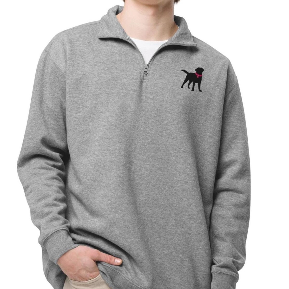 Black Lab Quarter Zip on a Lab Dad Man wearing a grey black lab quarter zip over a white T-shirt, with the embroidered black Labrador on the left chest