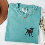 Seafoam T-shirt laid flat with a necklace, embroidered with a small black Labrador silhouette in a hot pink collar and tag on the left chest