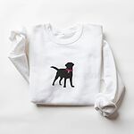 White crewneck sweatshirt with a larger black Labrador silhouette in a hot pink collar centered on the chest
