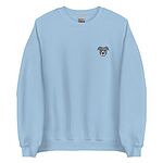 Light Blue crewneck sweatshirt on a white background, embroidered with a small minimalist blue-grey pit bull face with a pale grey blaze on the left chest
