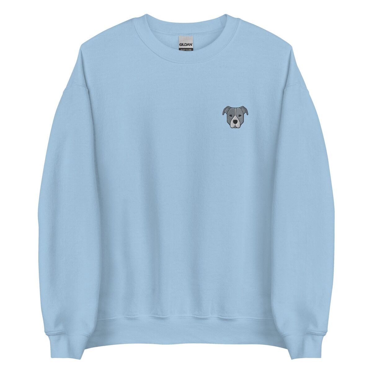 Blue Pitbull Face Sweatshirt - Light Blue Light Blue crewneck sweatshirt on a white background, embroidered with a small minimalist blue-grey pit bull face with a pale grey blaze on the left chest