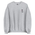 Sport Grey crewneck sweatshirt on a white background, embroidered with a small blue-grey pit bull sitting with its pink tongue out on the left chest