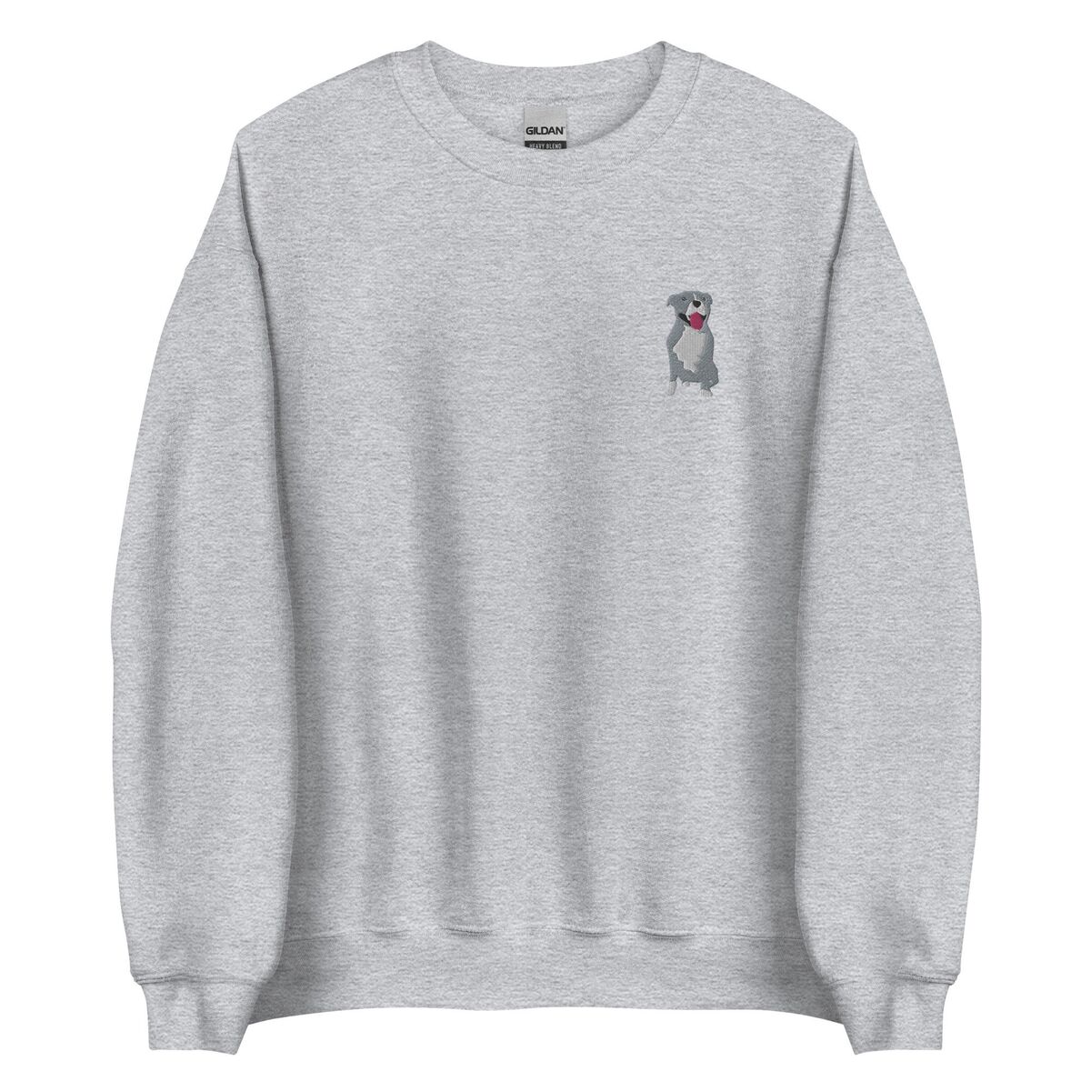 Blue Pitbull Sweatshirt - Sport Grey Sport Grey crewneck sweatshirt on a white background, embroidered with a small blue-grey pit bull sitting with its pink tongue out on the left chest